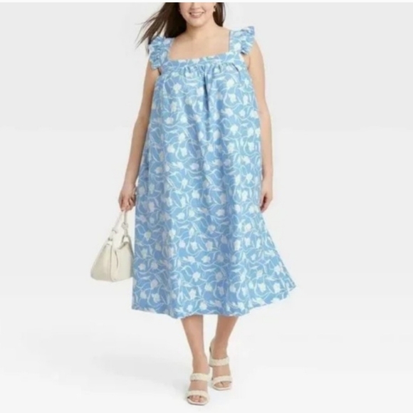 A NEW DAY LINEN BLEND RUFFLE SLEEVE FLORAL BLUE AND WHITE ALINE DRESS - Picture 6 of 8